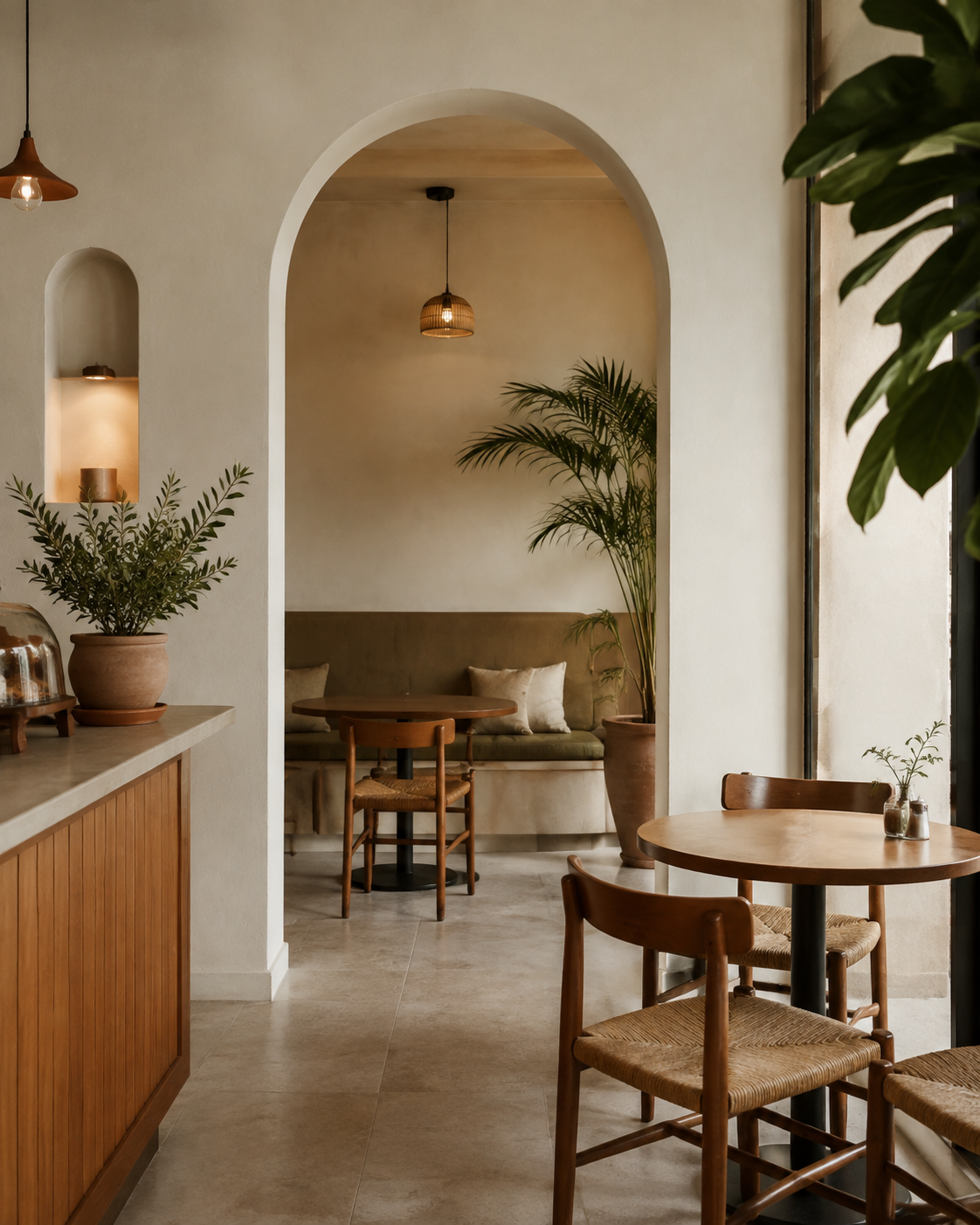 Intérieur lumineux d'un café, aperçu de site vitrine